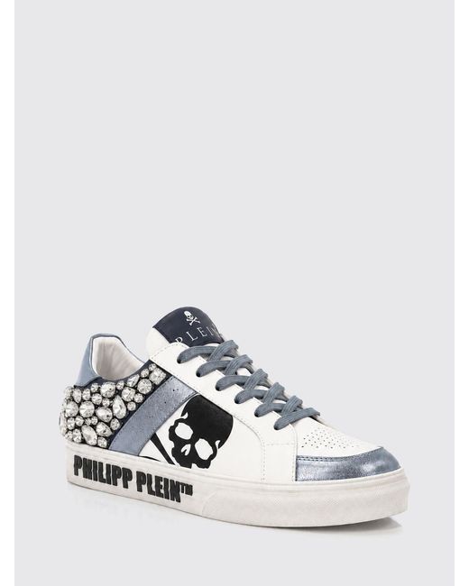 Philipp Plein White Skull Print Leather Low-Top Sneakers With Crystals