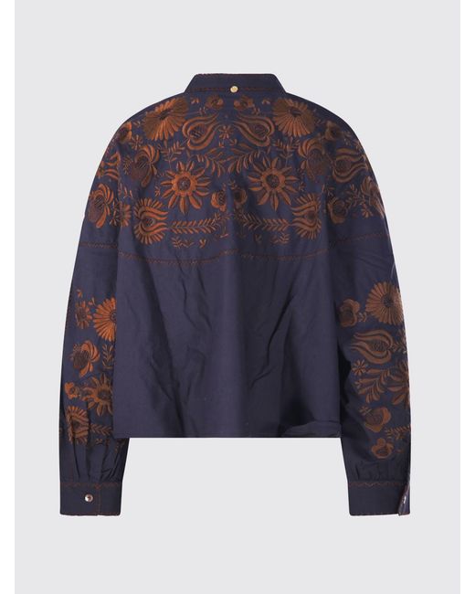 Antik Batik Blue Floral Print Cotton Shirt With Mandarin Collar