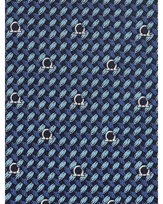 Ferragamo Blue Gancini Silk Tie With All-Over Monogram Pattern for men