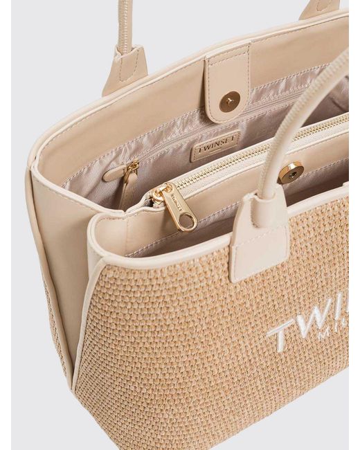 Twinset Natural Raffia Shopper Bag With Embroidered Logo