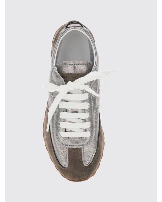 Brunello Cucinelli White Bicolour Laminated And Suede Leather Trainers With Monili