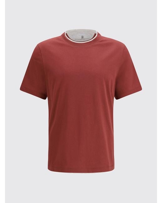 Brunello Cucinelli Red Cotton Crew-Neck T-Shirt With Contrasts for men