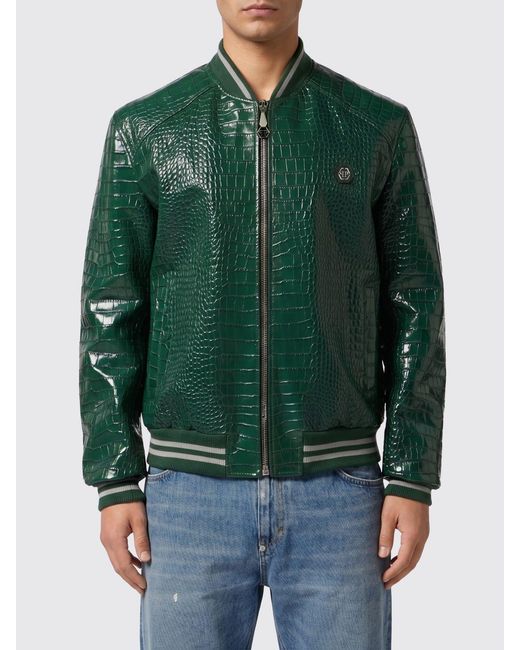 Philipp Plein Green Python Print Calfskin Leather Bomber Jacket for men
