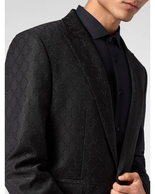 Philipp Plein Black Monogram Slim Fit Wool-Blend Blazer With Hexagon Logo for men