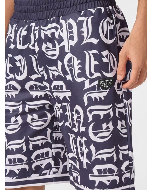 Philipp Plein Blue Gothic Jersey Sport Shorts With Monogram Logo Print for men