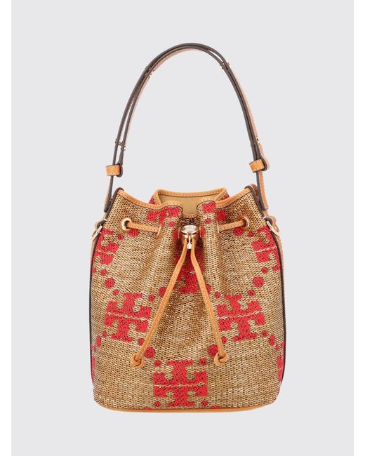 Tory Burch Red T Monogram Mini Raffia Bucket Bag With Jacquard Logo
