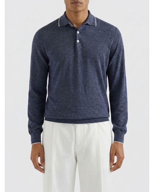 Brunello Cucinelli Blue Cashmere Silk And Hemp Knit Polo Shirt for men