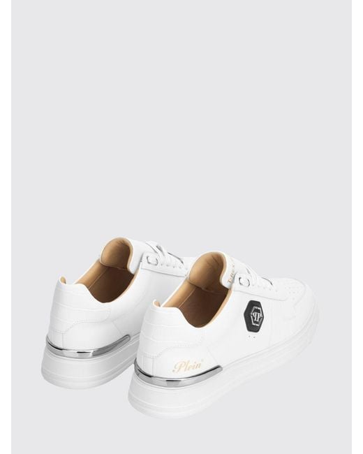 Philipp Plein White Low-Top Smooth Leather Sneakers With Hexagon Logo for men