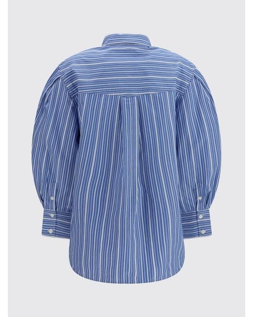 Ganni Blue Striped Cotton Shirt With Balloon Sleeves And Classic Collar
