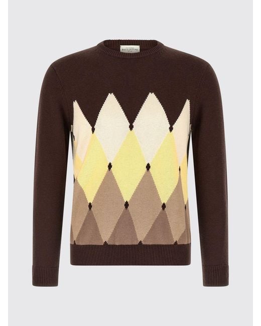Ballantyne Brown Argyle Cotton And Cashmere Blend Crew Neck Sweater With Slim Fit for men