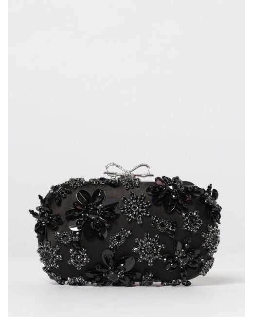 Self-Portrait Black Floral Crystal Satin Clutch