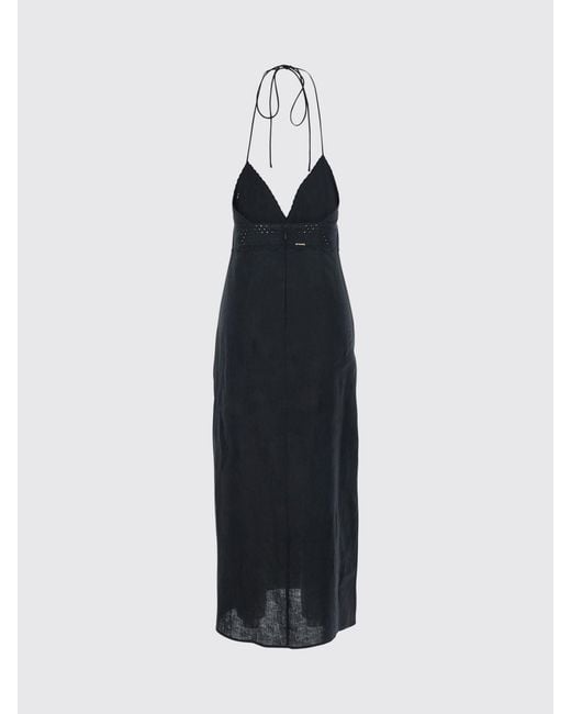 Twinset Black Linen And Broderie Anglaise Midi Dress With Halter Neck