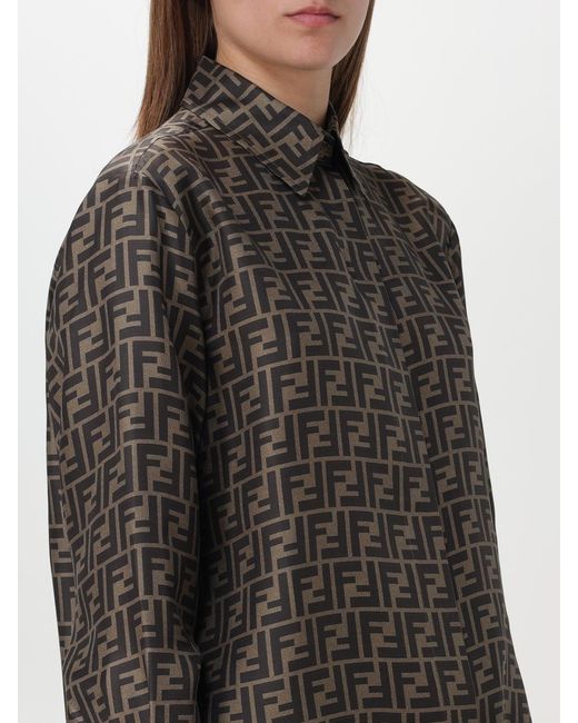 Camisa De Seda Con Estampado De Monograma Fendi de color Gray