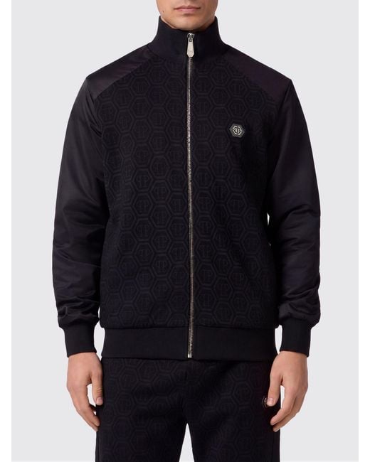Philipp Plein Blue Hexagon Logo High Neck Zipped Cotton-Blend Sweatshirt for men