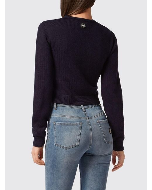 Philipp Plein Blue Slim Fit Cotton Crewneck Jumper With Jacquard Teddy Bear Print