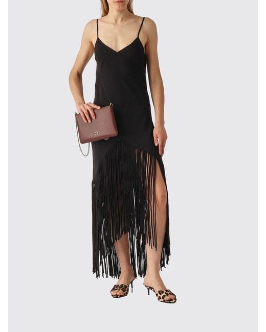 Pinko Black Viscose Blend Midi Dress With Fringes