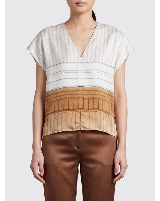 Alysi White Striped Silk Blouse With V-Neck And Short Sleeves