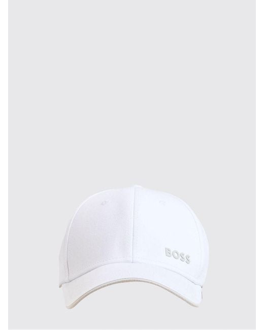 Boss White Cotton Hat With Logo Print for men