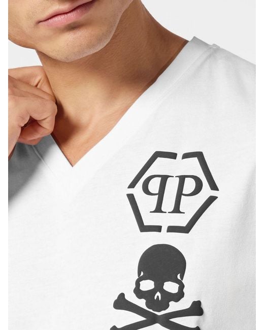 Philipp Plein White V-Neck Cotton T-Shirt With Monogram Logo for men