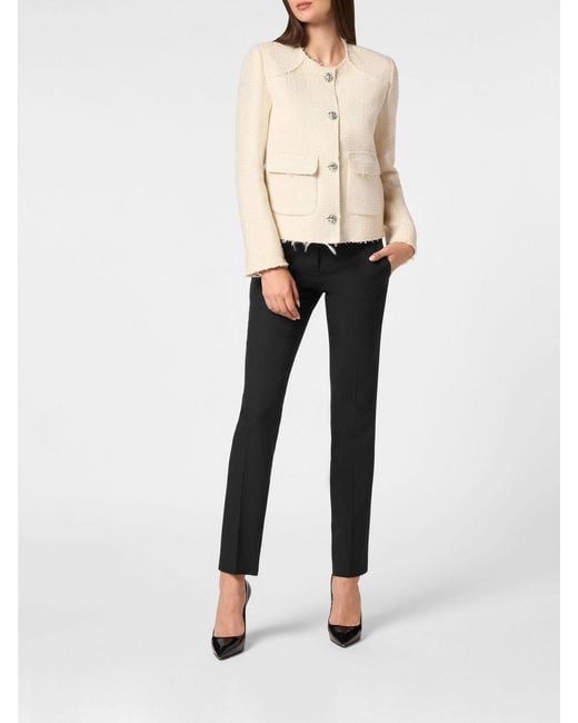 Philipp Plein Natural Single-Breasted Short Tweed Blazer With Jewelled Buttons