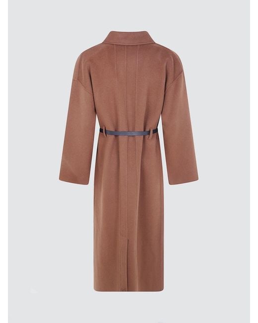 Semicouture Brown Peak Lapel Long Wool Robe Coat With Self-Tie Belt