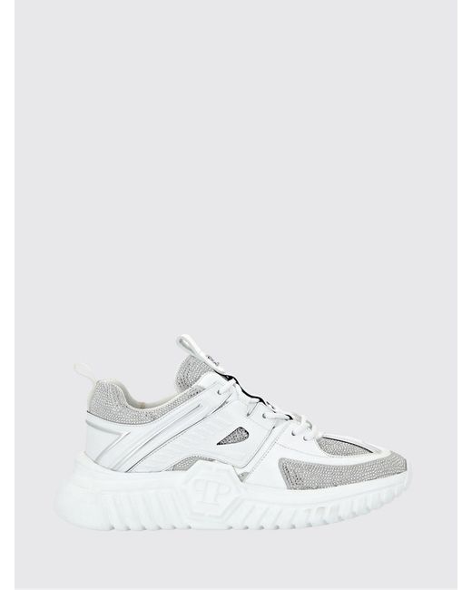 Philipp Plein White Leather Low-Top Sneakers With Rhinestones And Hexagon Logo for men