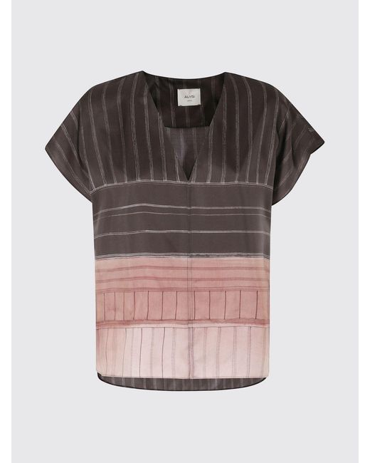 Alysi Brown Striped Silk Blouse With V-Neck And Short Sleeves