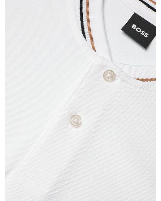 Boss White Cotton Polo Shirt With Striped Collar for men