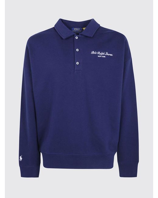 Polo Ralph Lauren Blue Long-Sleeved Cotton-Blend Polo Shirt With Contrast Logo for men