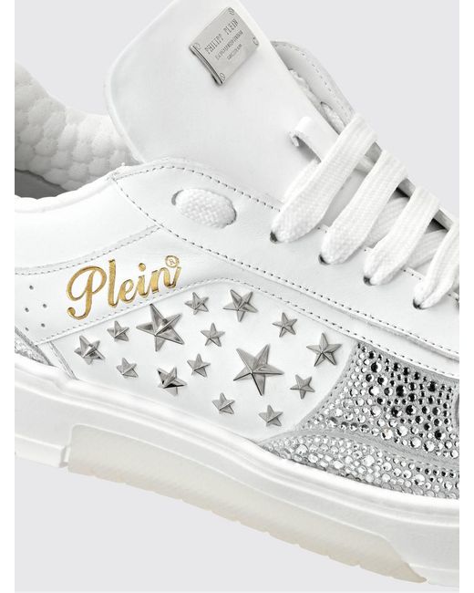 Philipp Plein White Low-Top Leather And Suede Sneakers With Studs And Rhinestones for men