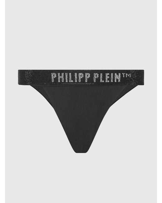 Philipp Plein Black Lycra Bikini Bottoms With Logo Waistband And Crystals