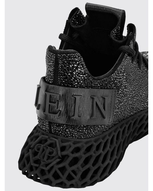 Philipp Plein Black Skeleton Runner Leather Sneakers With Rhinestone Embellishment