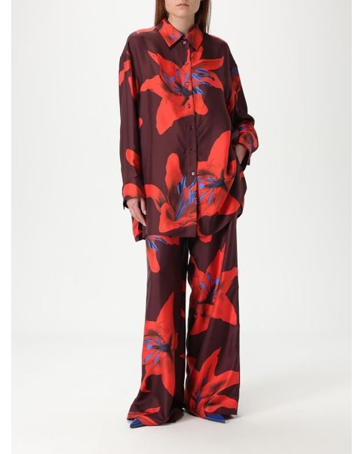 McQueen Red Silk Lily Print Wideleg Pant Set