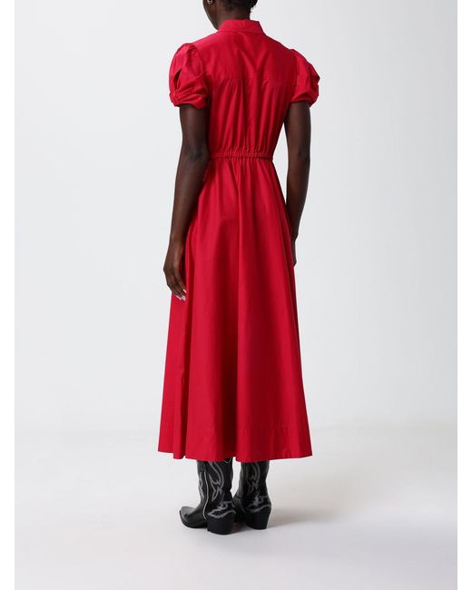 Twinset Red Stretch Cotton Midi Chemisier Dress With Short Sleeves And Belt