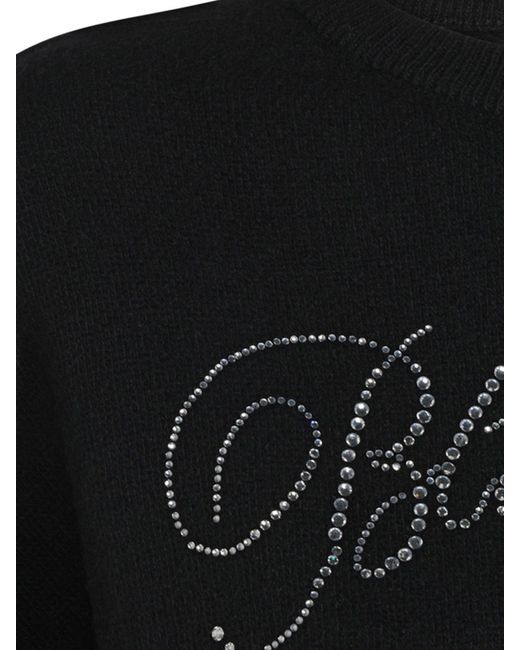 Blumarine Blue Rhinestone Logo Wool Crewneck Jumper With Dropped Shoulders