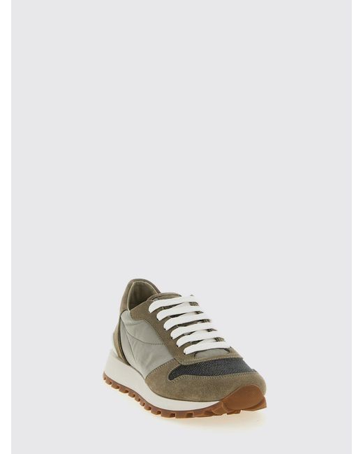 Brunello Cucinelli White Suede And Nylon Sneakers With Monile