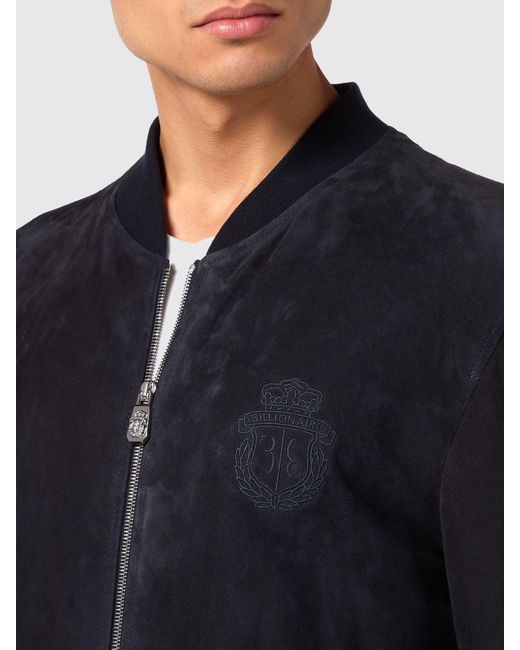 Billionaire Blue Suede Leather Bomber Jacket With Zip Closure And High Collar for men