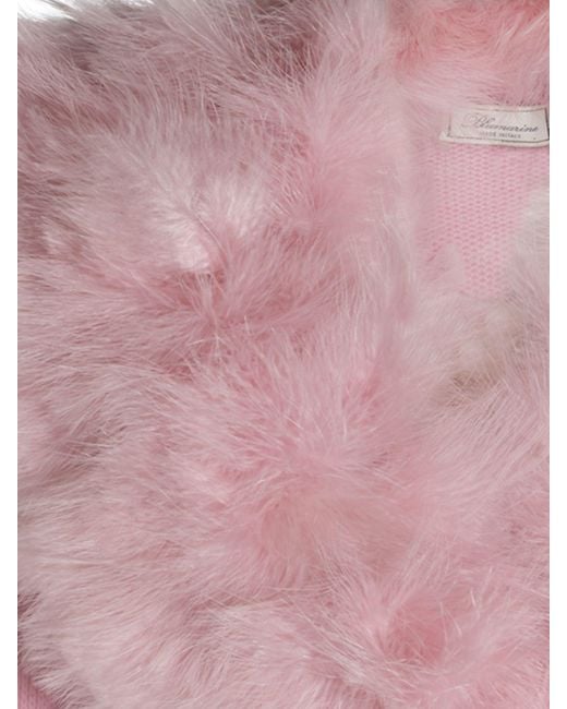 Blumarine Pink Slim Fit Virgin Wool Cardigan With Contrast Fur Collar