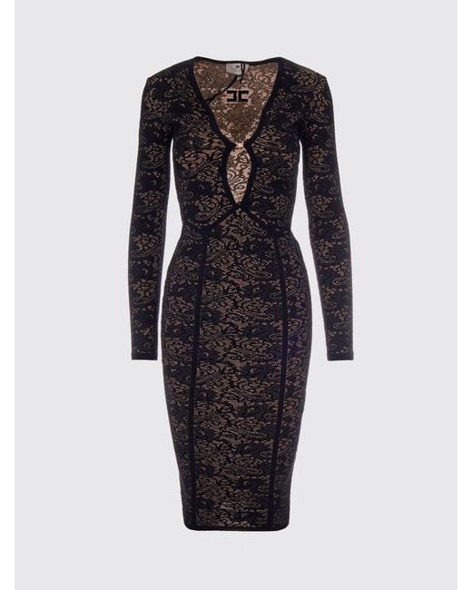 Elisabetta Franchi Black Lace Midi Sheath Dress With Cut-Out Details