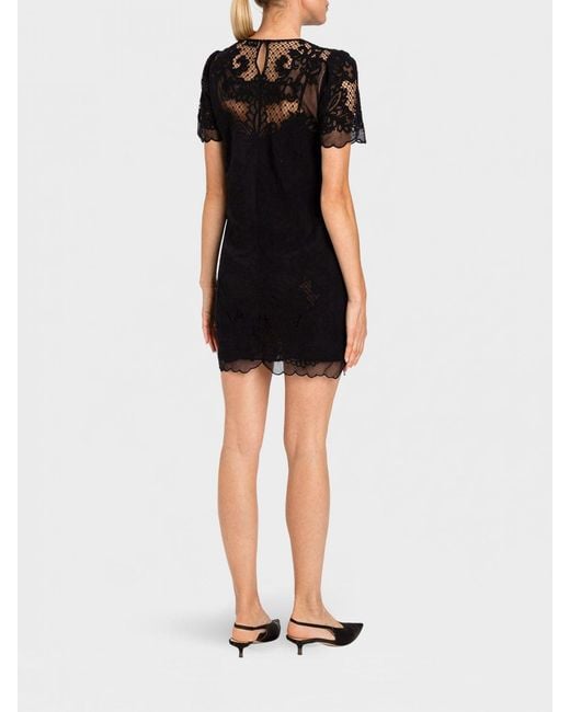 Twinset Black Bicolor Macramé Lace Mini Sheath Dress With Short Sleeves