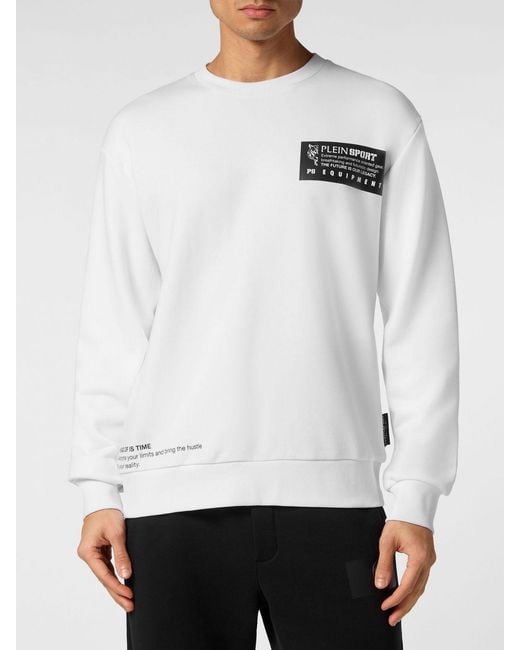 Philipp Plein White Cotton Crewneck Sweatshirt With Printed Logo And Dropped Shoulders for men