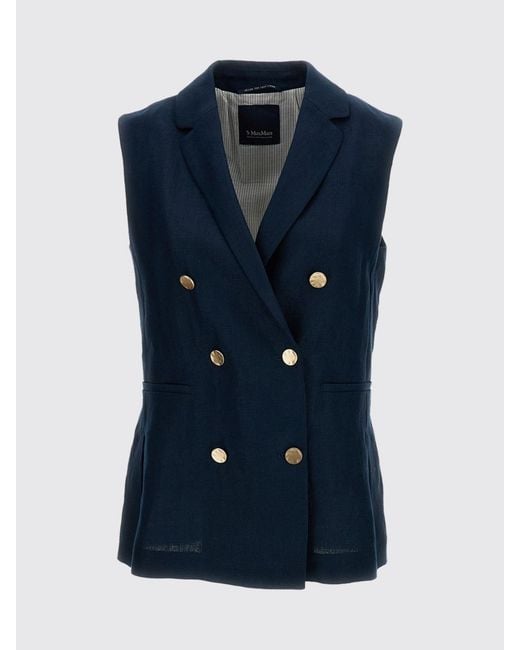 Max Mara Blue Double-Breasted Linen Vest