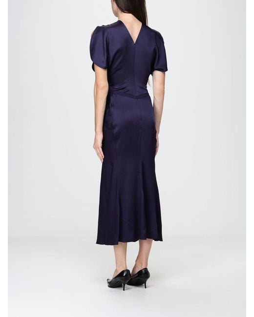 Victoria Beckham Blue Bela Viscose Sheath Midi Dress With Puff Sleeves