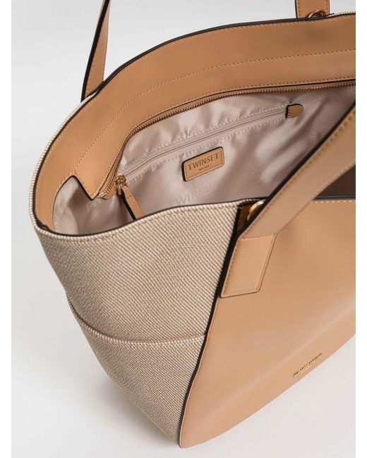 Twinset Natural Canvas And Faux Leather Bag