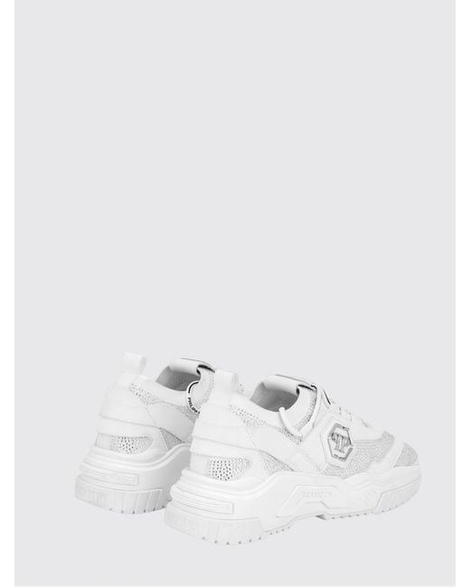 Philipp Plein White Low-Top Leather And Stretch Viscose Sneakers With Monogram And Rhinestones for men