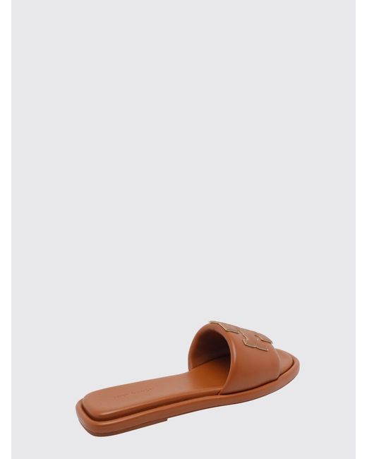 Tory Burch Brown Double T Sport Smooth Leather Slide Sandals With Logo