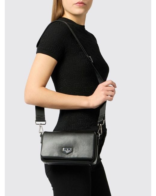 Philipp Plein Black Smooth Leather Crossbody Bag With Metal Logo And Flap