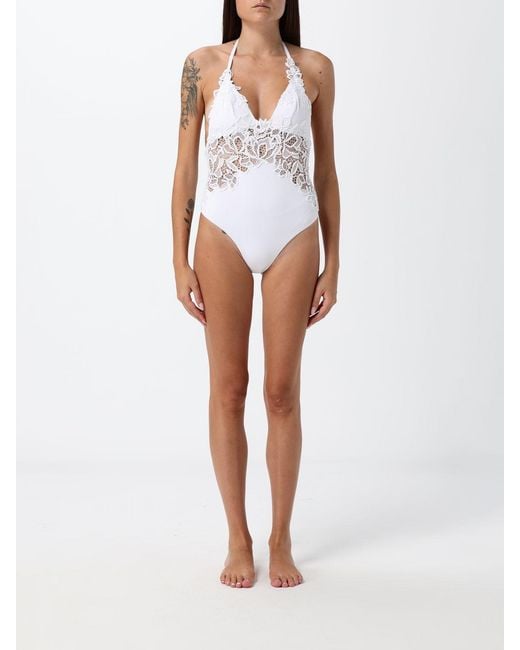 Ermanno Scervino White Halter Neck One-Piece Swimsuit With Macramé Inserts