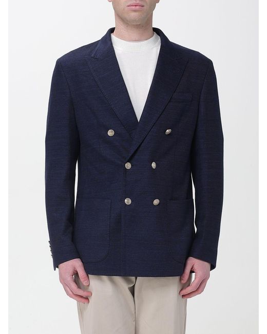 Eleventy Blue Linen Double Breasted Blazer for men