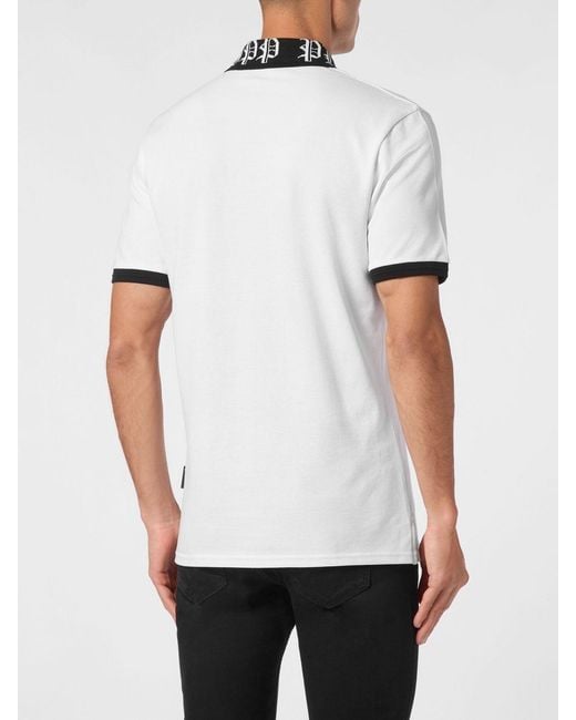 Philipp Plein White Hexagon Logo Cotton Polo Shirt With Ribbed Collar for men